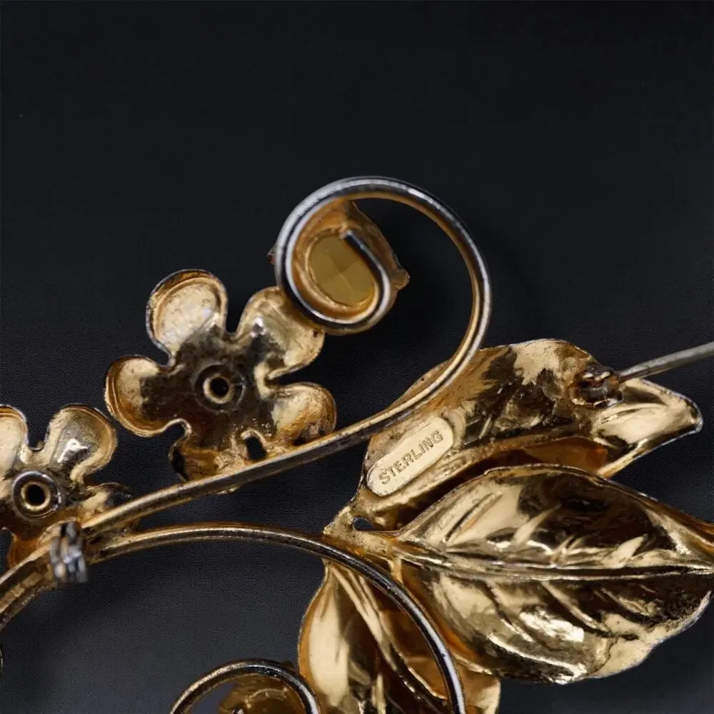 Vintage Sterling Silver Vermeil Flower Floral Spray Brooch Rhinestone Pin‎ 3